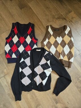 Set Of 3, Knit Sweater Vests And Cardigan - Navy, Red & Brown, Black